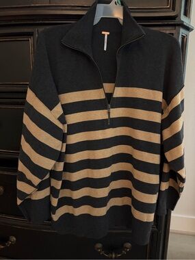 Free People Men's Half-Zip Striped Sweater in Black & Tan